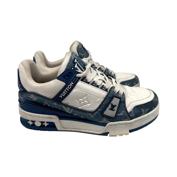 Louis Vuitton Leather Denim Monogram LV Trainer Sneaker Blue White Size 3.5 - Picture 7 of 16